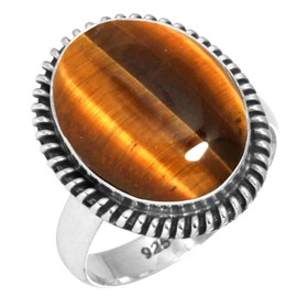 Jeweloporium 925 Silver Ring for Women Brown Natural Tiger Eye Stone Statement Silver Ring Size S Mothers' Day Gift Fashion Jewelry