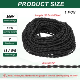 PATIKIL 100 ft Twisted Cloth Covered Wire, UL Listed 18AWG 2-Conductor Vintage Cloth Covered Lamp Cord Replacement Cord for Pendant Light Bulb Industrial DIY Project, Black