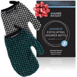 Shower Bouquet Pack de 2 Guantes Exfoliantes Japoneses - Guantes Exfoliantes de Carbón Y Plata con Iones para La Ducha - Tejido Interior Suave para Una Exfoliación Delicada Y Una Limpieza Profunda Del