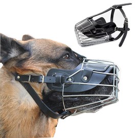 YURUX Dog Muzzle for Medium Large Dogs- Adjustable Durable Metal Basket,Leather Muzzle, Prevents Chewing and Biting,Basket Allows Panting and Drinking-Comfortable,Lightweight,Durable, 2 Sizes (M)
