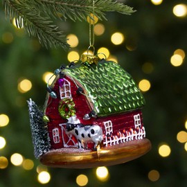 Northlight 4" Festive Red and Green Barn with Roof Glass Christmas Ornament