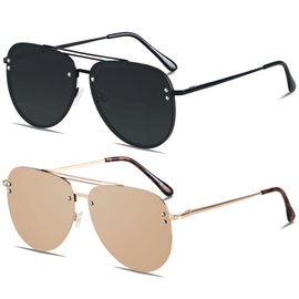 ANDWOOD Oversized Aviator Sunglasses for Women Men Big Large Rimless Metal Frame with Spring Hinges Sun glasses Black Mirrored Gold Shades