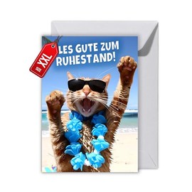 WBdesignz XXL Retirement Card - "Alles Gute zum Ruhestand!" - with Funny Cat on the Beach - Extra Large Leaving Card for Colleagues, Girlfriends & Retirement Starters (XXL DIN A4)