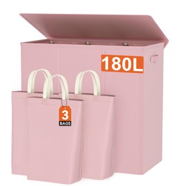WOWLIVE 180L Laundry Hamper with Lid 3 Section,Large Laundry Basket with Removable Bags and Handles,Collapsible Dirty Clothes Hampers for Laundry,Laundry Basket Organizer for Laundry Room,Dorm,Pink