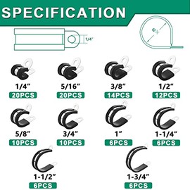 OURU OURU 110PCS Cable Clamps Assortment Kit,10 Sizes—1/4" 5/16" 3/8" 1/2" 5/8" 3/4" 1" 1-1/4" 1-1/2" 1-3/4" Stainless Steel Rubber Coated Cushioned Insulated Cable Clamp,Automotive Wire Pipe Clamps