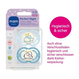 MAM Perfect Night Dummy Set of 2, Glow in the Dark, Tooth-Friendly Baby Dummy Made from Sustainable & Organic Renewable Materials, with Dummy Box, 6-16 Months, Bear/Elephant