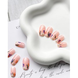 Square Press on Nails Medium Spring French Fake Nails Nude Pink Full Cover False Nails with Flower and Leaves Designs Glossy Acrylic Nails Artifiical Nails for Women Girls 24 Pcs