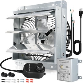 Hiorucet 12 Inch Wall Mounted Shutter Exhaust Fan for Garage, Greenhouse, Shop, Attics, Chicken Coop, Basement, High Performance Low Noise Louvered Exhaust Fan with Thermostat and Speed Controller.