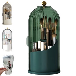 Concealed Toothbrush Holder, Rotating Bathroom Organizer Countertop, Toothbrush Holders with Cover, Bathroom Counter Organizer with Covered Makeup Brush Holder (1pcs Green)