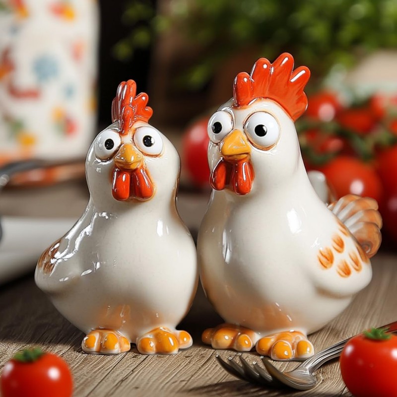 Bicuzat Ceramic Hen and Rooster Salt & Pepper Shakers Set,