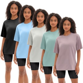 Kinglaman 5 Pack Workout Oversized T Shirts for Women, Short Sleeve Plus Size Baggy Dry Fit Athletic Gym Shirts Tops Tees 1 Black 1 Dark Pink 1 Blue 1 Ash Grey 1 Green X-Large