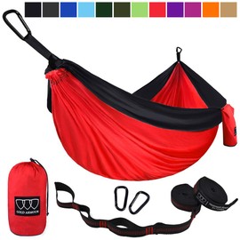 Gold Armour Camping Hammock - USA Brand Single Parachute Hammock (2 Tree Straps 10 Loops/20 ft Included) Lightweight Nylon Portable Adult Kids Best Accessories Gear (Red and Black)