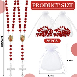 36 Pcs Wooden Bead Rosary Necklace with Crucifix and Our Lady of Guadalupe Scented First Communion Rosary with 36 Organza Bags Baptism Favors Catholic Gift for Men Women Girls Boys (Red)