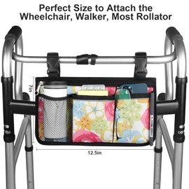 HSGEZUOQI Wheelchair Side Bag, Upgrade Flower Color Armrest Storage Pouch with Cup Holder and Reflective Strip Use of Waterproof Fabric, for Most Wheelchairs, Walkers or Rollators (Flower Color)