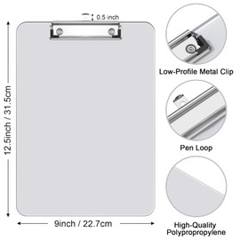 Hnogri Plastic Clipboards, Clear Clipboard Standard A4 Letter Size Clipboards for Students, Office Supply, Clip Board with Low Profile Clip, Size 12.5 x 9 Inch(Clear)