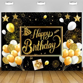 Happy Birthday Backdrop for Men Glitter Balloons Fireworks Birthday Photo Backdrop Men Birthday Party Decor Supplies Black Gold Birthday Photography Backdrop 7x5Ft