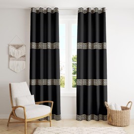 Black Gold Greek Key Retro Blackout Curtain 2 Panels Set, Modern Abstract Art Key Greek Eyelet Super Soft Thermal Insulated Darkening Draperies for Living Room Kids Bedroom Kitch，84"W X 84"L