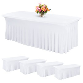 REWOMC 4 Pack 8Ft Spandex Table Skirt Fitted White Stretch Tablecloth,One-Piece Wrinkle-Resistant Ruffles Design Installs in Seconds,Perfect for Rectangle Tables Banquets Parties Wedding Thanksgiving