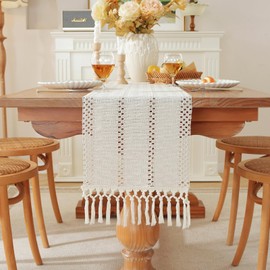 Boho Table Runner, Farmhouse Table Runners 36 Inches Long, Cotton Linen Rustic Table Runner, Macrame Table Decoration for Holiday Party, Wedding and Dining, 36 Inches, Ivory
