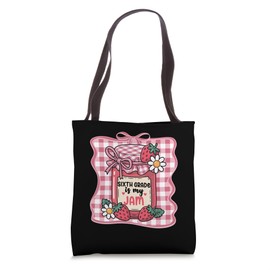 Sixth Grade is My Jam Strawberry Cute 6th Grade Teacher Bow Tote Bag
