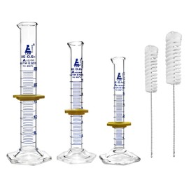 Measuring Cylinders & Cleaning Brushes - 5 Piece Set - ASTM, Class A - 5ml, 10ml, 25ml - Blue Graduations - 2 Nylon Bristle Brushes - Borosilicate 3.3 Glass - Eisco Labs