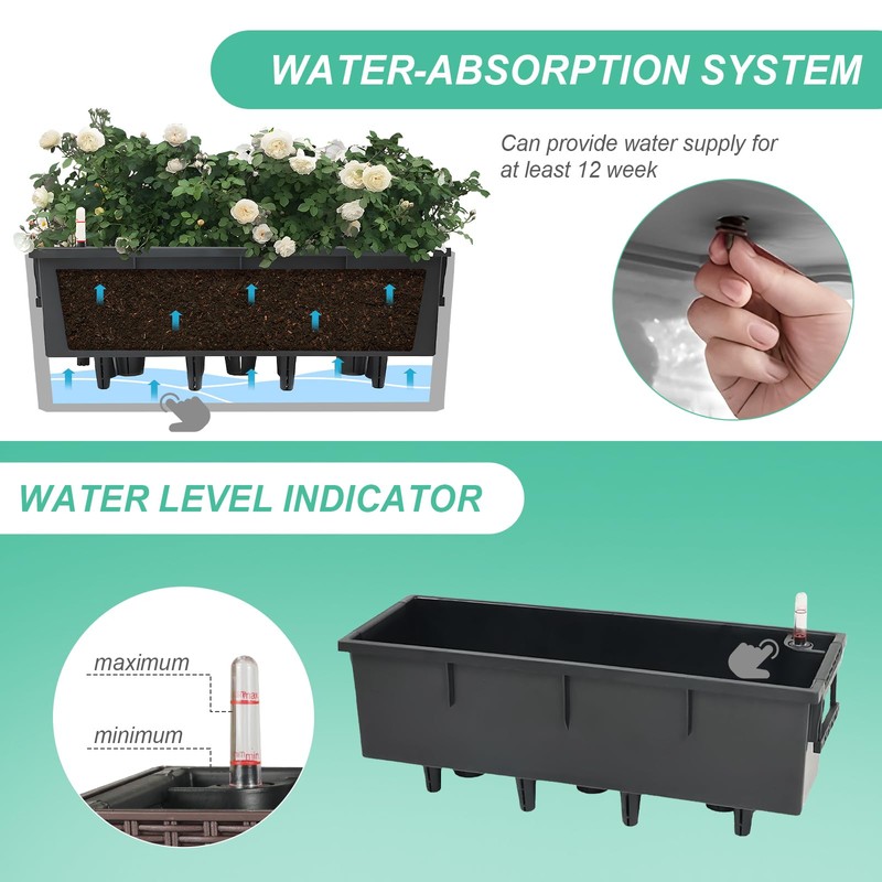 Aoodor 4Pcs 19.5" Rectangular Window Box Wall Mount/Railing Planter, Self-Watering