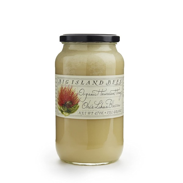Organic Ohia Lehua Blossom Raw Hawaiian Honey, Single Floral Variety by Big Island Bees (Large 47 oz Glass Jar)
