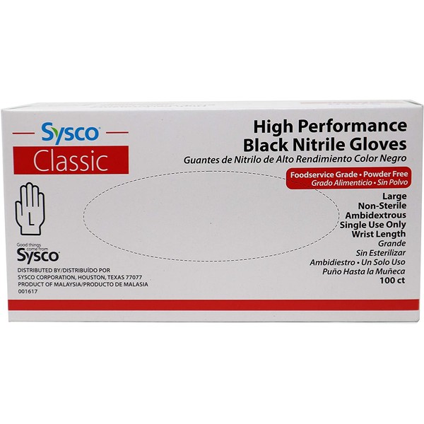 Sysco Nitrile High Performance Gloves, Powder Free, Food Grade, Disposable (100 Gloves Pack) (Large - Black)