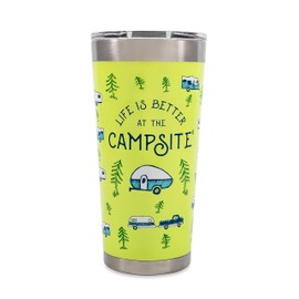 Camco Life is Better at The Campsite 20 oz. Printed Tumbler - Offers Superior Ice and Heat Retention - Features an RV Sketch Pattern on a Green Background (53321)