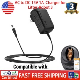 Litter-Robot AC to DC 15V 1A Charger for Litter-Robot 3,Litter Robot Power Supply