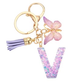 uxcell Initial Letter Keychains, Resin Cute Butterfly Tassel Pendant Accessory for Women, Alphabet Key Ring for Purse Handbags Backpack, Purple-V