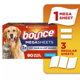Bounce Pet Hair and Lint Guard Mega Dryer Sheets with 3X Pet Hair Fighters