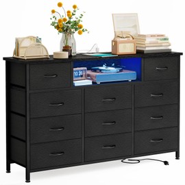 YGEOMER 59in Long Black Dresser for Bedroom TV Stand with Charging Station and LED Lights, Black Dresser with 11 Drawers, Fabric Chest of Drawers with PU Finish for Bedroom, Entryway