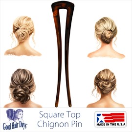 Good Hair Days- Square Top Chignon Pin for Classic Chignon, French Twist, Braided Updos, Low Buns, U-shaped hair accessory, Chignon Hair Pin, French Pin Made in USA (1 Pin, Shell, 4 3/4" Long)