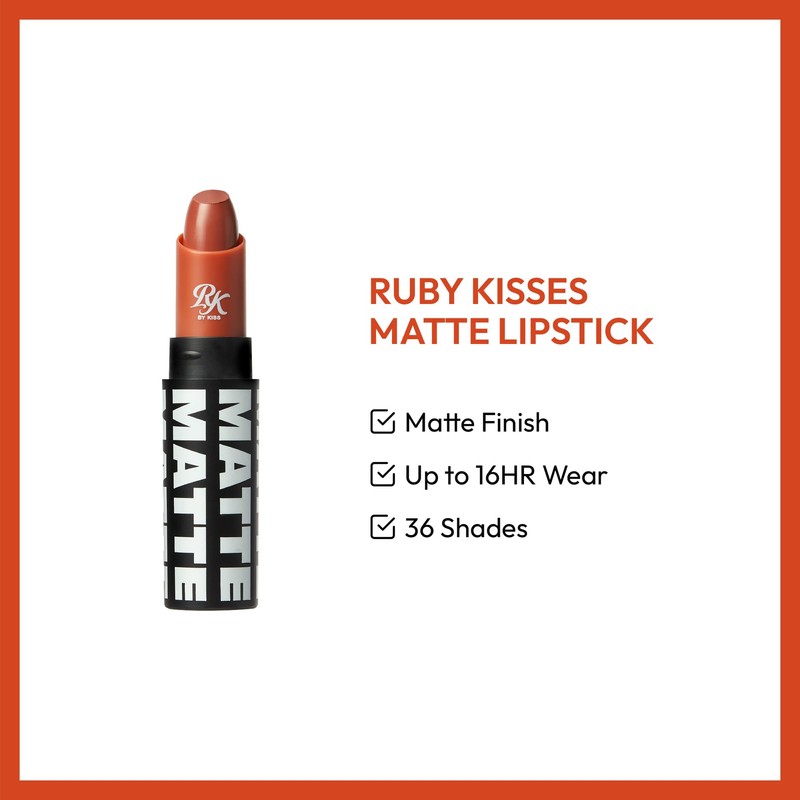 Ruby Kisses Lipstick, Matte Finish, Long-Lasting, Highly Pigmented, Smooth Apply,