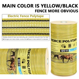 LIFENCE Electric Fence PolyTape Horse Fencing Tape 1312 Feet 400m, High Visibility 0.8 Inch 20mm Width, 6 Strong Stainless Steel Conductors, Yellow and Black, Equine Horse Livestock Electric Fencing