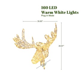 LuxenHome 36" W Reindeer Head Lighted Christmas Decorations, Prelit Moose Head Wall Decoration with 160 Warm White LED Lights, Holiday Wall Mounted Lighted Deer Christmas Decorations Indoor