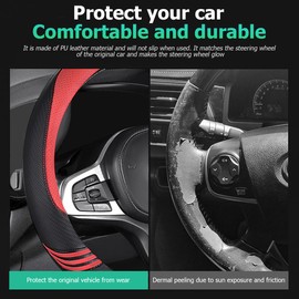 Mandark Carbon Fiber Car Steering Wheel Cover, Anti-Slip 15 Inch PU Leather Vehicle Steering Wheel Protector, Auto Interior Protection Accessories, Universal for SUV Sedan Truck (Red)