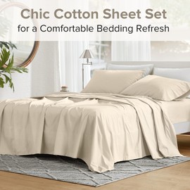 Comfort Spaces 100% Cotton Sheets Queen, Breathable & Ultra Soft Cotton Sheets, Naturally Cool Cotton Bed Sheets with 14" Elastic Pocket Fits up to 16" Mattress, All Seasons Sheet Set, Cream 4 Piece