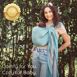Ring Sling Baby Carrier - USA Lab Tested, 100% Natural Cotton Muslin, Breathable & Ergonomic Ring Sling Grey Turquoise