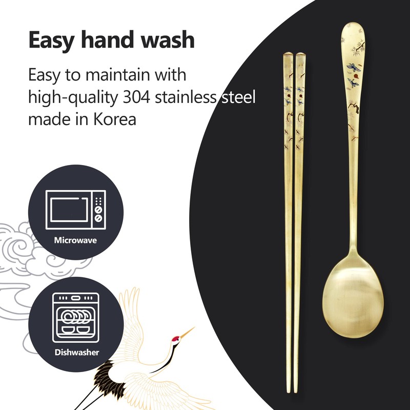Balwoo Pine Crane Design Korean Style Spoon Chopsticks Set Rice