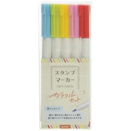 Beverly Marker, Brush Pen Type Stamp Marker, Water-based, Colorful Set, Red, Pink, Yellow, Yellow-Green, Light Blue
