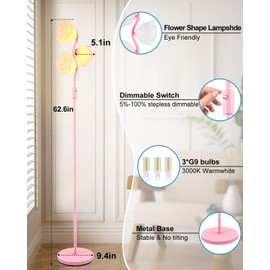 Lightdot 3-Light Flower Floor Lamp, Dimmable Modern Mid Century Pink Standing Lamp with S Pole & G9 Bulbs, 3000K Warmwhite Unique Cute Floral Tall Lamp for Living Room Bedroom Home Office
