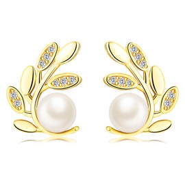 Leaves Branch Stud Earrings with Pearl, Small Earrings for Women Girls Men Women Gifts, Yellow Gold