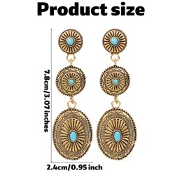 Western Earrings for Women, Oval Synthetic Turquoise Dangle Earrings Vintage Country Concho Dangling Earring Western Outfit Jewelry Gifts for Cowgirls Costume (Gold)