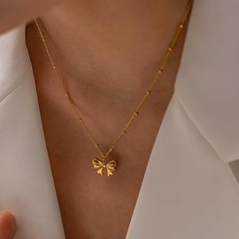Atentuyi Boho Bow Pendant Necklace Gold Satellite Necklace Dainty Bow Necklace Choker Delicate Bowknot Necklace Beads Beaded Thin Chain Necklace Minimalist Simple Necklace for Women Wedding Jewelry