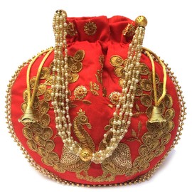 Potli Bag for Women - Traditional Indian Ethnic Embroidered Drawstring Purse Luxury Design Clutch with Bridal Pearl Handles Intricate Details Weddings Handbag H*L(cm):- 23 * 24 Red)