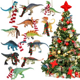 12 Pieces Dinosaur Ornaments for Christmas Tree, Cute Dinosaur Christmas Decorations Set, for Christmas Dino Themed Birthday Party