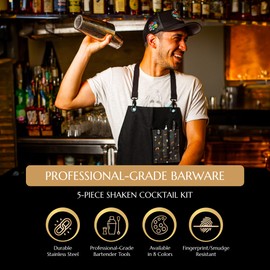 Bull in China Cocktail Shaker Set Gunmetal Black, Professional Grade Bar Tools for Shaken Cocktails, Bar Set Includes: Weighted Shaker, Hammered Bell Jigger, Hawthorne Strainer, Fine Mesh Strainer