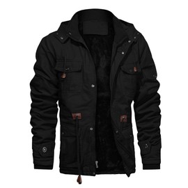 CHEXPEL Men's Thick Winter Jackets with Hood Fleece Lining Cotton Military Jackets Work Coats with Cargo Pockets Black S
